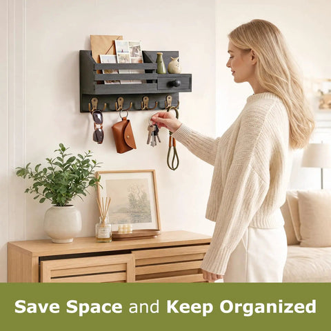 Premium Wooden Key Holder Wall Mount Mail Organizer With No Sweat No Drill Adhesive Mount And Sturdy Triangle Hooks Top Notch Entryway Storage Black