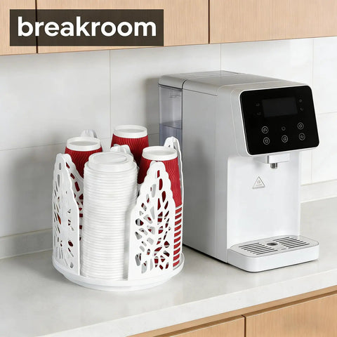 360 Degree Rotating Coffee Cup Holder With Four Compartments Lid Organizer next to coffee machine on countertop
