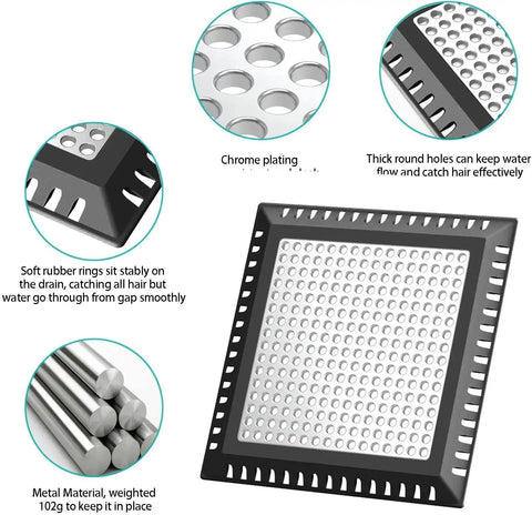 Top Shelf Stainless Steel Shower Drain Hair Catcher That Stops Bathroom Clogs Cold features chrome plating, rubber ring for stability, and square design.