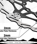 Close-up of ultra light floating disc brake rotor for mountain bikes, 160mm size, 2.0 mm thick, stainless steel and 7075 T6 aluminum alloy.