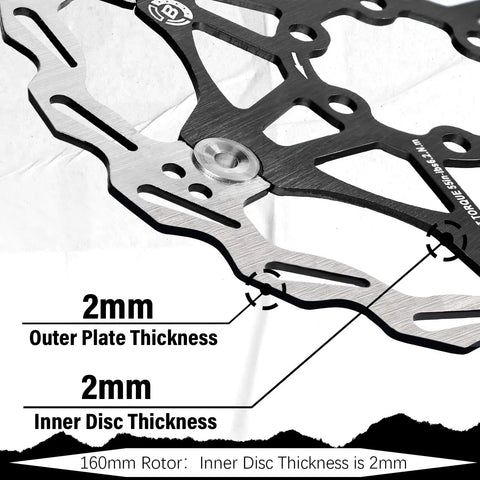 Close-up of ultra light floating disc brake rotor for mountain bikes, 160mm size, 2.0 mm thick, stainless steel and 7075 T6 aluminum alloy.