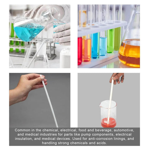 Laboratory setting showing White PTFE Round Rods One Quarter Inch Diameter, Thirteen Inch Length, Pack Of Five, for chemical use.