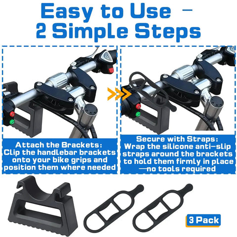 Three Pack Bike Handlebar Stand With Quick Release Brackets And Six Silicone Straps For 29 To 34mm Grips shown in 2-step setup