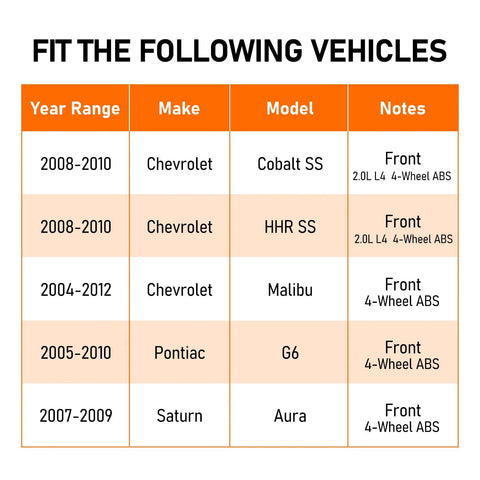 Table listing vehicle compatibility for Front Wheel Hub Bearing Assembly With ABS including Chevy, Pontiac, and Saturn models.