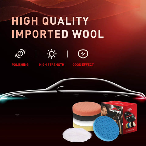 Image of Six-Piece Polishing Pad Kit For Car Detailing With Sponge And Wool Pads, 5.6 Inch Pads on car background