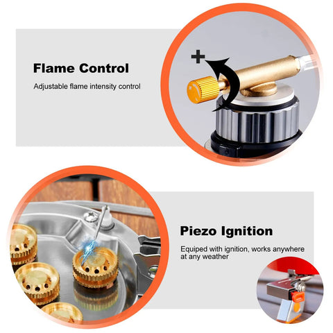 9000W Portable Camping Stove With Windproof Design showing adjustable flame control and piezo ignition features