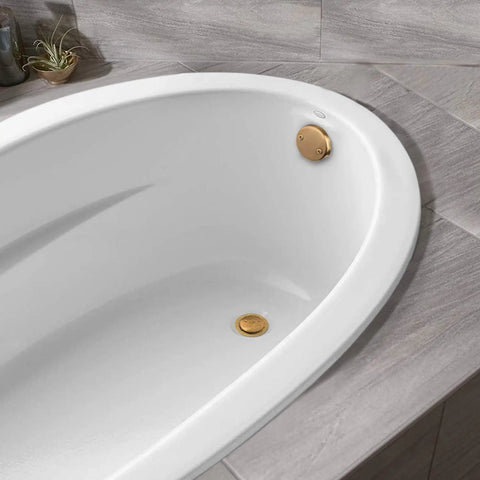 Bathtub with Tip Toe Bathtub Drain Trim Set With Two Hole Overflow Faceplate Replacement Bath Drain Kit in brushed gold finish