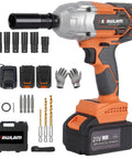 Beast Cordless 1/2-Inch Impact Wrench Kit With 21V Turbo Power, tools, battery packs, and carry case displayed.