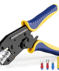 Ratcheting Crimping Tool For Insulated Wire Connectors, Works On AWG 22 Through 10 with yellow and blue easy grip handles