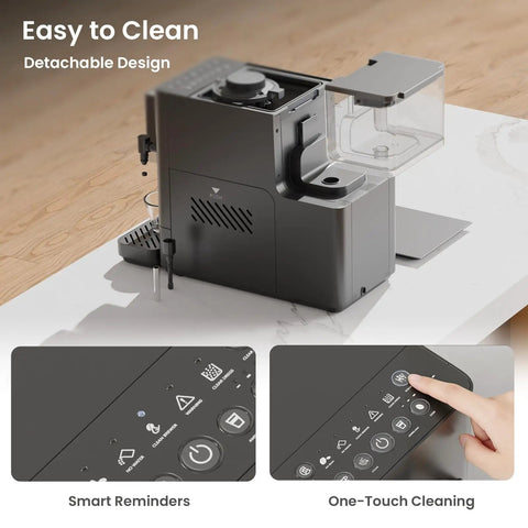 Hella Smooth 20 Bar Automatic Espresso Machine Featuring Built In Grinder And One Touch Brew For Single Double Shots Or Americanos With Smart Alerts And No Fuss Maintenance with detachable design and control panel.