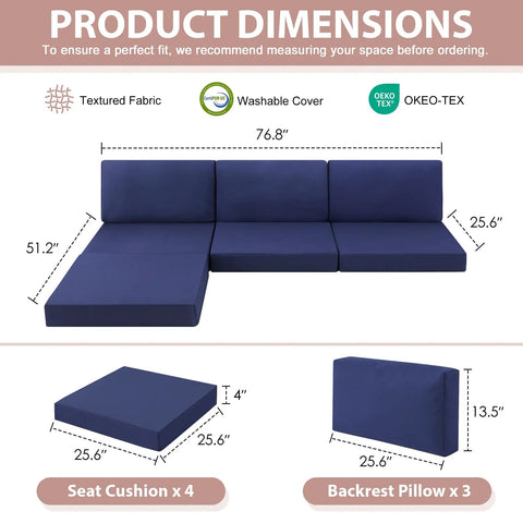 Dimensions of 7 Piece Outdoor Patio Cushions Set For Four Seat Sectional Replacement Deep Seat Cushions With Waterproof Fabric Navy Blue