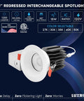 3 Inch LED Regressed Canless Spotlight With Swappable Trim Versatile 5Cct Tunable Light No Sweat Twist Install Sleek Dimmable Recessed Downlight 1250 Lumen Knockout Brightness IC Wet Rated Six Pack with grey housing.