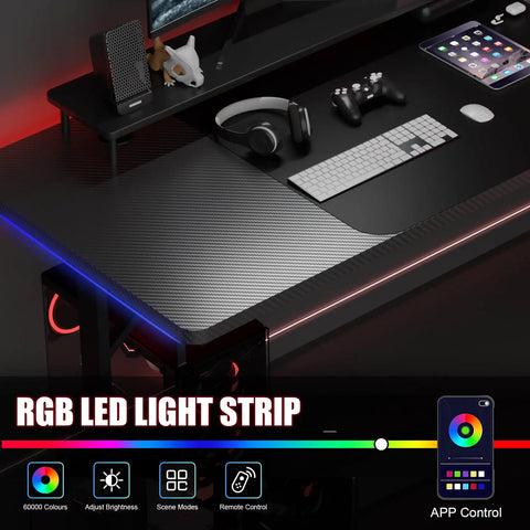 55 Inch Gaming Desk With LED Lights And Large Mouse Pad For Home Office with T Shaped Carbon Fiber Surface and Headphone Hook.