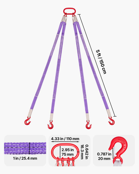 Four Leg Lifting Slings With Hooks 6600 Lb Capacity Heavy Duty Polyester Bridle Sling Five Foot Rigging Strap