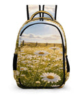 Dewy White Daisy Meadow Printed Unisex Backpack with Large Capacity for School and Travel Durable Polyester Daypack