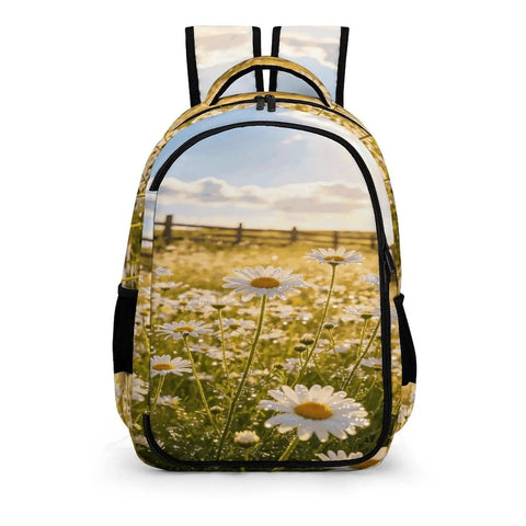 Dewy White Daisy Meadow Printed Unisex Backpack with Large Capacity for School and Travel Durable Polyester Daypack