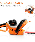 Electric Hedge Trimmer With Corded Power, 4.8 Amp, 24 Inch Dual Action Laser Blade, close-up of safety switch