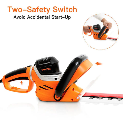 Electric Hedge Trimmer With Corded Power, 4.8 Amp, 24 Inch Dual Action Laser Blade, close-up of safety switch