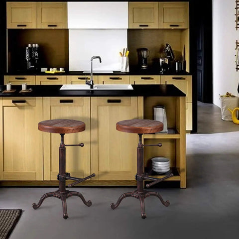 Industrial Retro Farm Tractor Stool Swivel Height Adjustable Bar Stool For Kitchen Counter Copper Finish Cast Iron Frame With 13 Inch Pine Seat