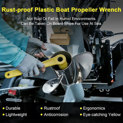 Yellow 27mm Prop Wrench For 1 1 Sixteenth Inch Nuts Long Handle Propeller Socket For Mercury Mercruiser in use on boat.