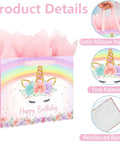 13 Inch Unicorn Gift Bag With Greeting Card And Tissue Paper For Baby Girls And Kids Birthday Party Rainbow Unicorn Theme All In One Gift Bag Set For Easy Celebration with pink tissue, satin handles, and unicorn design.