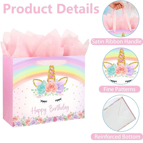 13 Inch Unicorn Gift Bag With Greeting Card And Tissue Paper For Baby Girls And Kids Birthday Party Rainbow Unicorn Theme All In One Gift Bag Set For Easy Celebration with pink tissue, satin handles, and unicorn design.