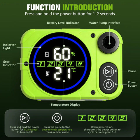 On The Go Camping Shower With 10000mAh Battery, Waterproof Dry Bag, LED Display, control interface showing battery and temperature