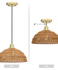 Two Pack Linen Cord Boho Pendant Lights With Hemp Rattan Wicker Brushed Brass Finish Ideal For Kitchen Island And Dining Room E26 LED Compatible Bulbs Not Included Dimmable With Dimmer Easy Hardwired Installation on and off view