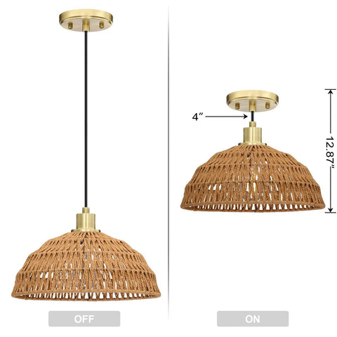 Two Pack Linen Cord Boho Pendant Lights With Hemp Rattan Wicker Brushed Brass Finish Ideal For Kitchen Island And Dining Room E26 LED Compatible Bulbs Not Included Dimmable With Dimmer Easy Hardwired Installation on and off view
