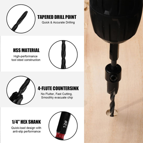 Close-up of Tapered Countersink Drill Bit Set For Woodworking 15 Piece Includes Wood Plug Cutters Depth Stop Rings Phillips Bits.