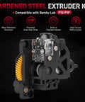 Upgraded Hardened Steel Dual Gear Extruder Assembly For P1P And P1S 3D Printers, showcasing precision dual-gear drive and filament sensor.