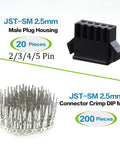 2.5mm Pitch JST SM Connector Kit Male Plug Housing and Crimp DIP Male with 2/3/4/5 Pins, 20/200 Pieces Assortment