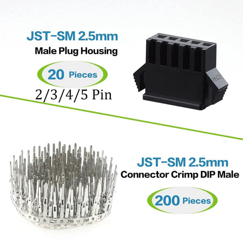 2.5mm Pitch JST SM Connector Kit Male Plug Housing and Crimp DIP Male with 2/3/4/5 Pins, 20/200 Pieces Assortment