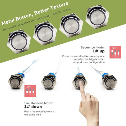 Next Level Four Color Metal Button Props With 12V Magnetic Lock showing sequence and simultaneous modes for escape room games.