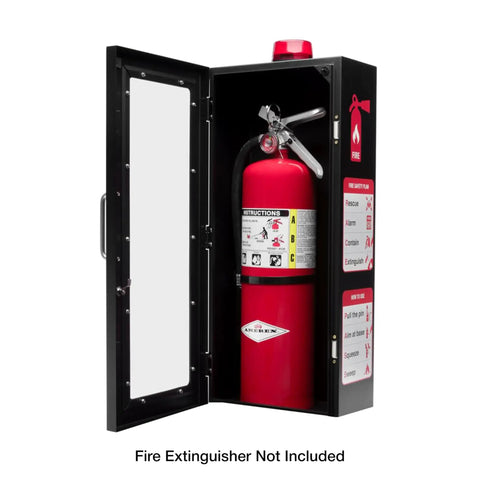 Heavy Duty Fire Extinguisher Cabinet With Alarm And Secure Lock Featuring Clear Breakable Acrylic Window open view showing red fire extinguisher.