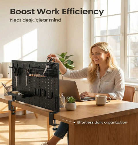 Woman using Set Of 2 Desk Clamps For Pegboard Mounting Metal Brackets Dope Office And Gaming Desktop Organization