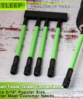 Set of green magnetic nut drivers with 5/16 inch sockets on a wooden surface, including drill attachment, designed for precise tool work.