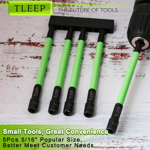 Set of green magnetic nut drivers with 5/16 inch sockets on a wooden surface, including drill attachment, designed for precise tool work.