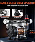 Heavy Duty Two Stage Vacuum Pump 50 Liters Per Minute Oilless Lab Medical Suction showing aluminum noise reducer and rubber feet.