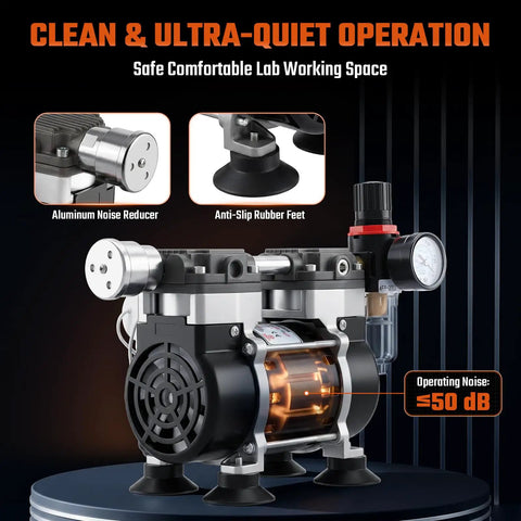 Heavy Duty Two Stage Vacuum Pump 50 Liters Per Minute Oilless Lab Medical Suction showing aluminum noise reducer and rubber feet.