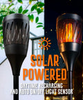 Solar Powered Tiki Torch Lantern Zapper With Realistic Flickering Flame, dual mode outdoor light for patio and yard use.