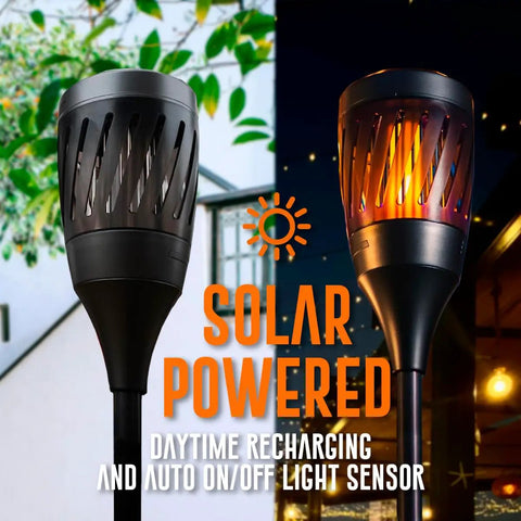 Solar Powered Tiki Torch Lantern Zapper With Realistic Flickering Flame, dual mode outdoor light for patio and yard use.