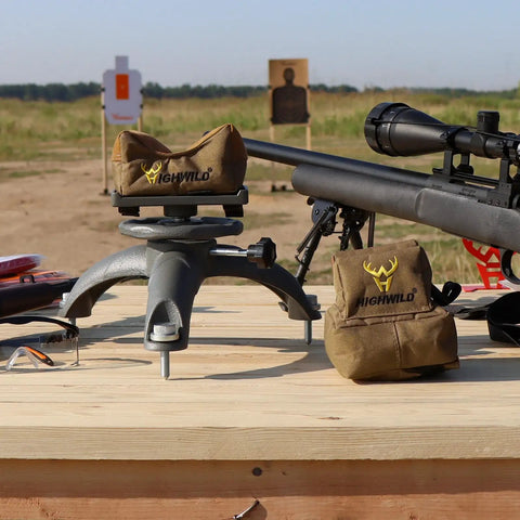 Adjustable Front Shooting Rest for Rifle and Outdoor Hunting with front and rear bags on wooden bench, stable stand for accuracy