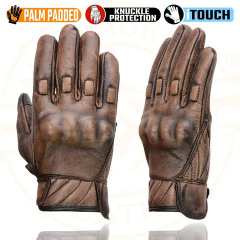 Distressed Brown Leather Gloves With Vibration-Reducing Gel Palm And Knuckle Protectors For Serious Motorcycle Riding, Large size