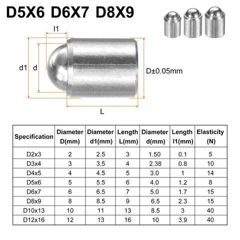 Pro Grade 30 Piece Ball Point Spring Plunger Set With 5Mm 6Mm 8Mm Sizes showing diameter and length specifications.