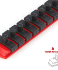 Close-up of One Quarter Inch Drive Hex Bit Socket Set 10 Piece 2 To 8 mm With Press Fit S2 Steel Rail and twist-to-lock mechanism.