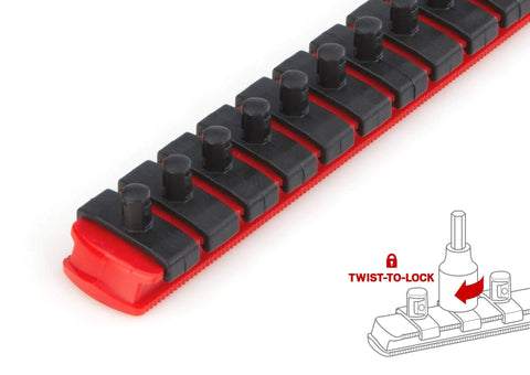 Close-up of One Quarter Inch Drive Hex Bit Socket Set 10 Piece 2 To 8 mm With Press Fit S2 Steel Rail and twist-to-lock mechanism.