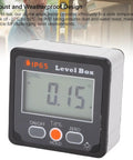 Built Tough Heavy Duty Digital Angle Finder With Crisp Backlit LCD Screen And Rock Solid Magnet Magnetic Level Box Inclinometer showing IP65 rating and precision reading.