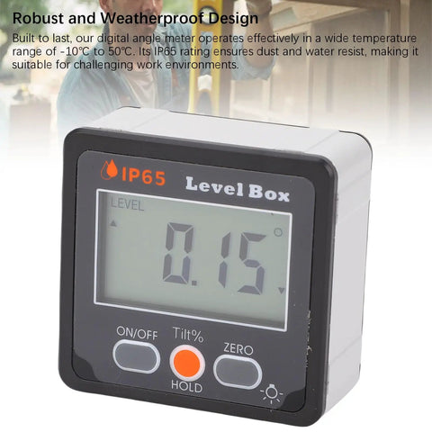 Built Tough Heavy Duty Digital Angle Finder With Crisp Backlit LCD Screen And Rock Solid Magnet Magnetic Level Box Inclinometer showing IP65 rating and precision reading.