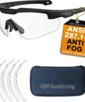 Anti Fog Tactical Shooting Glasses For Men Built Tough Military Grade Ballistic Eye Protection For Range Swat Medical And Dental Use ANSI Z87.1 Plus OSHA Compliant MIL PRF 32432A Tested Durable Frame shown with case and lenses.